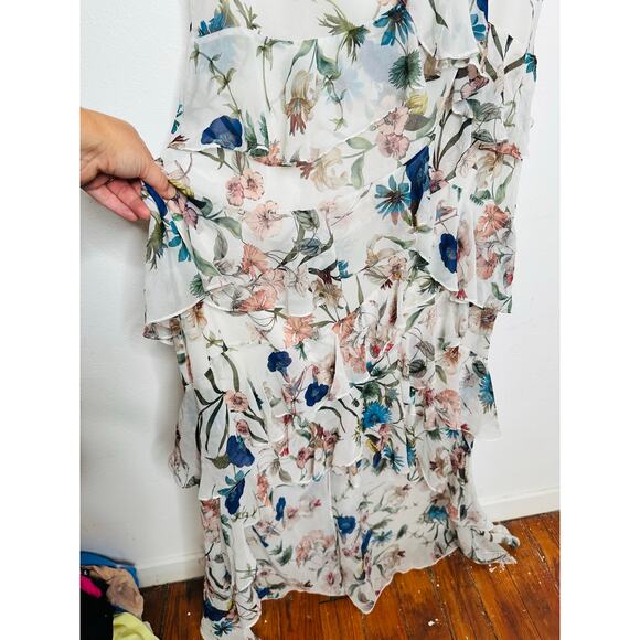 BADGLEY MISCHKA White Floral Printed Off-Shoulder Ruffles High-Low Maxi Dress 16 - Picture 15 of 16